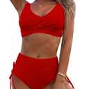 Fanuerg Women's Twist Front High Waisted Bikini Swimsuit Drawstring Tie Side Bottom Two Piece Bathing Suit (X-Large, Red)