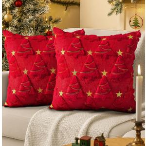 Christmas Pillow Covers 18x18 Inch - Set of 2 Embroidered Red Golden Christmas Tree Throw Pillow Cases Soft Plush Faux Fur Xmas Decorations Winter Holiday Decor for Home Bedroom Sofa
