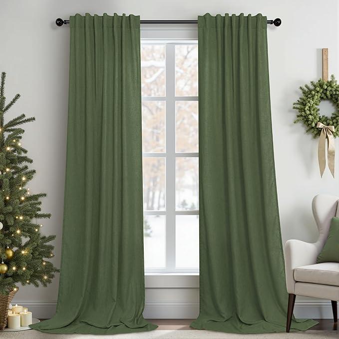 Pitalk Olive Green Curtains 102 Inch Length for Living Room 2 Panels Back Tab Pocket Linen Sheer Semi Light Weight Breathable Airy Flowy Loden Green Boho Curtain for Bedroom Bay Window 8.5 FT Long, 52"W x 102"L (Pack of 2)