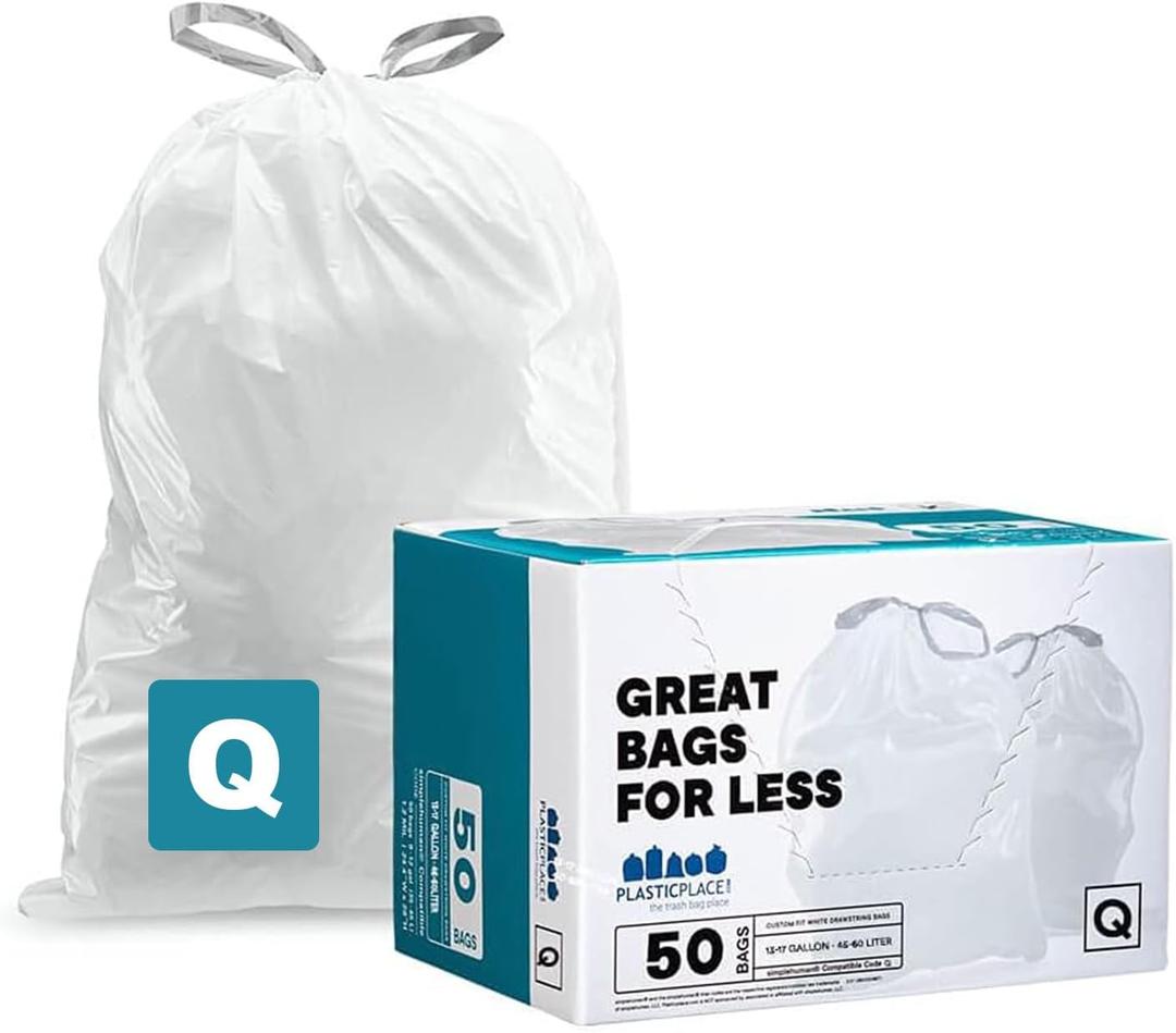 Plasticplace Custom Fit Trash Bags, Compatible with Simplehuman Code Q (Count of 50), 13-17 Gallon Drawstring Garbage Liners, Heavy Duty Tear-Resistant