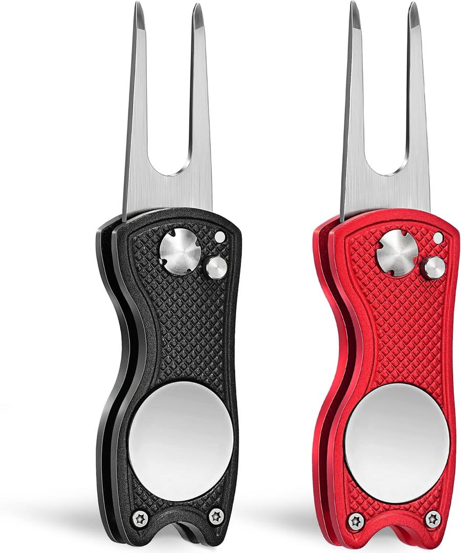 Mile High Life Golf Divot Repair Tool, All Metal Foldable Divot Tool with Pop-up Button & Magnetic Ball Marker, 2-6 Pack (Black/Red)