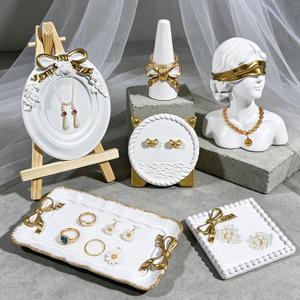 Wowagoga Jewelry Display Set,6 Pcs Decorative Organizer Tray,Cute Jewelry Organizers,White and Gold Vanity Trays for Earrings, Rings, Necklaces, Bracelets, Dresser and Bathroom Decor