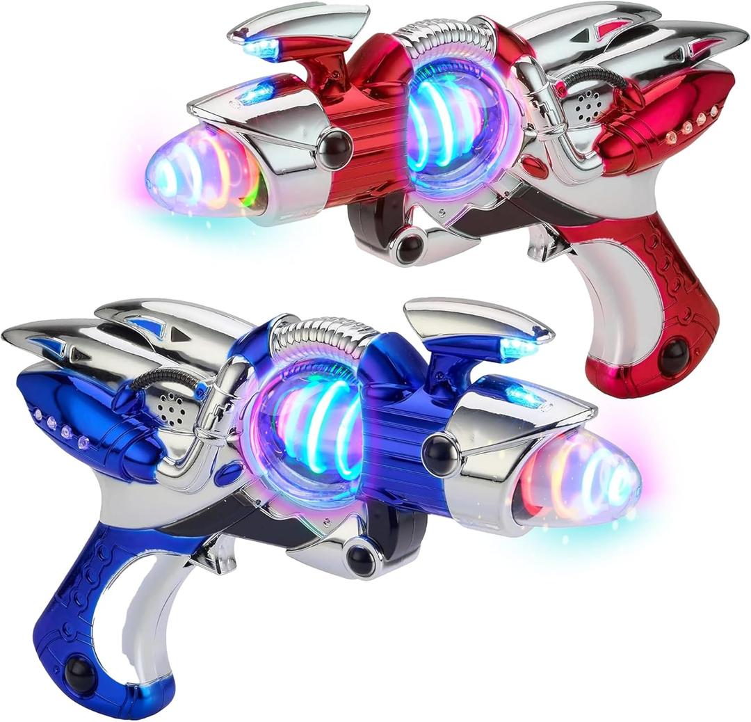 Light-Up Noise Blaster - Red & Blue 2 Pack - 11.5 Inches - Super Spinning Space Sound Effects with Futuristic Power Galaxy Ranger FX for Party Favor, Novelty, Bag Stuffer for Ages 5+