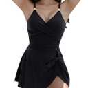 FLORENCE IISA Womens One Piece Swimsuit Tummy Control Side Tie Bathing Suit Twist Front V Neck Swimdress Gold Metal Tie Knot (Small, Black)