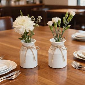 Flower Vase Decor, Farmhouse Metal Galvanized Milk Can Jug Vase with Bow, Flower Buckets for Artificial Flowers for Table Centerpiece Weddings(White)