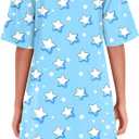 Women's Blue Stars Nightgown Short Sleeve V Neck Nightshirt Casual Sleepwear Lounge Wear Dress, L (Blue, L)