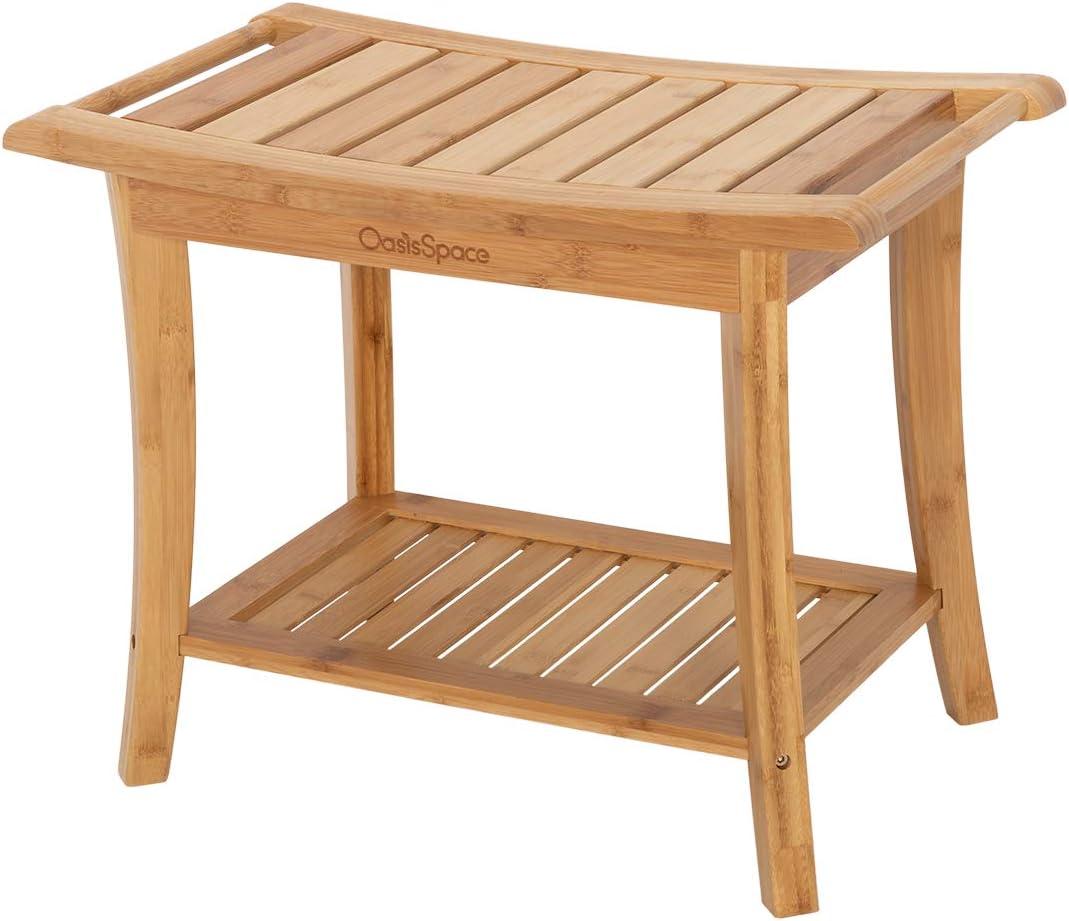 OasisSpace Bamboo Shower Bench, 24" Waterproof Shower Chair with Storage Shelf, Wood Spa Bath Organizer Seat Stool, Perfect for Indoor or Outdoor (1 Count (Pack of 1)), Natural 