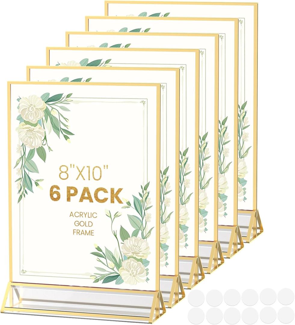 Gold Frames 8X10 Acrylic Sign Holder Double-Sided Picture Frames for Menu, Wedding Table Number, Christmas Photos With Removable Round Stickers - 6 Pack
