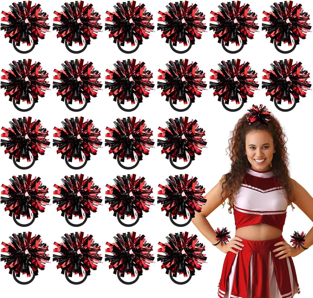 Shappy 2 Color Mini Pom Poms Hair Ropes for Football Cheerleading 4 Inch Ponytail Holder for Team Spirit Sports Dance Cheer (Black Red)