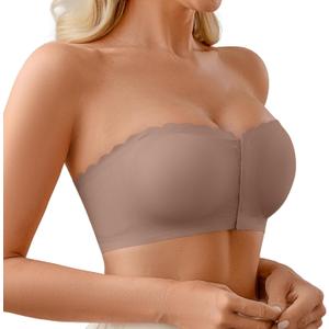 DEANGELMON Wireless Strapless Bras for Women Front Closure Non-Slip Padded Bandeau Bralette Comfort Wavy Edge Tube Top Bra (Small, Hazelnutcoffee)