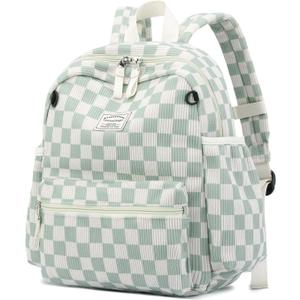 Tanweibago Corduroy Kids Backpack for Boys Girls Backpacks for Primary Elementary Kindergarten (Chessboard Green, Small(13.7" H Fit A4 Folder))