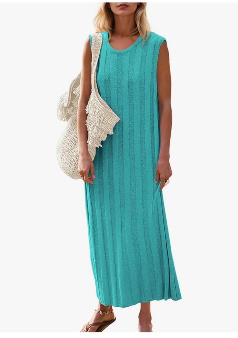 Fisoew Women's Summer Sleeveless Maxi Dress Scoop Neck Ribbed Knit Tank Top Dresses L