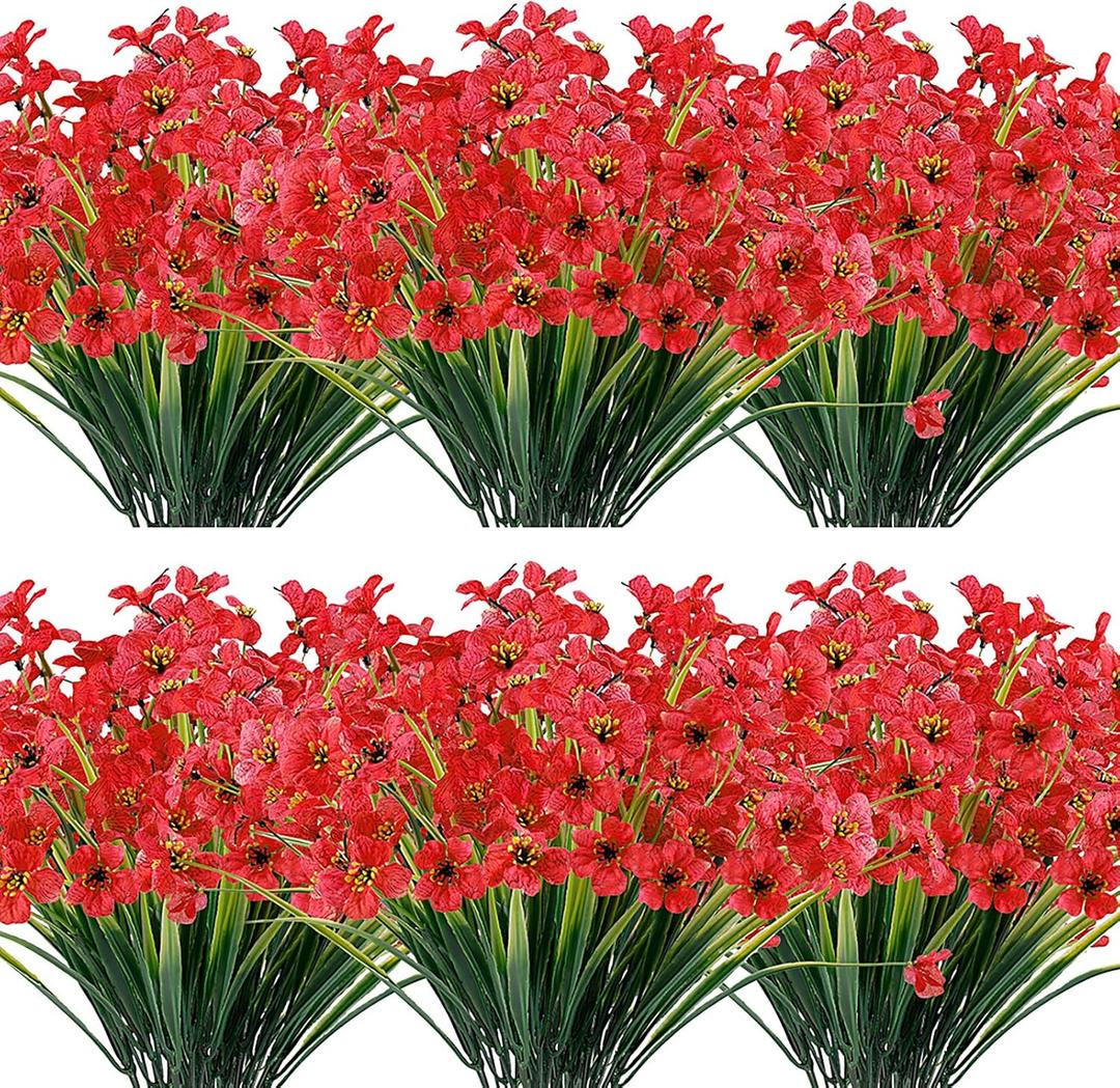 20 Bundles Artificial Flowers Outdoor UV Resistant Fake Flowers No Fade Faux Plastic Plants Garden Porch Window Box Decorating (Deep Red)