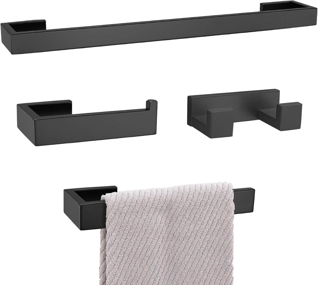 Matte Black Bathroom Hardware Set, 4-Piece Bath Towel Bar Set SUS304 Stainless Steel Towel Rack Set for Bathroom, 23.6 inches Bathroom Towel Holder Set Wall Mounted
