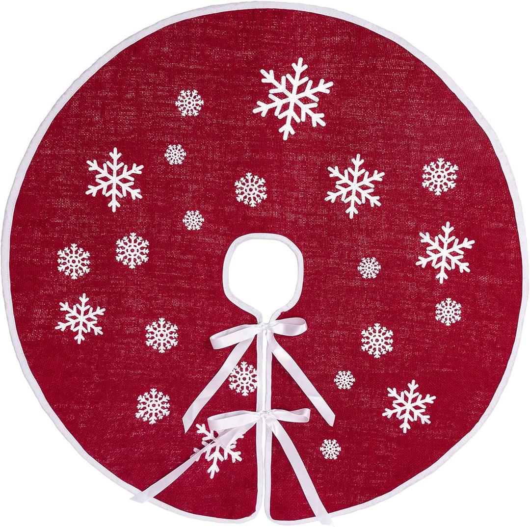 MACTING Christmas Burlap Tree Skirt, 30 Inch Red Countryside Tree Skirt with White Snowflake Printed, Small Rustic Tree Mat for Home Party Holiday Winter Indoor Xmas Decorations