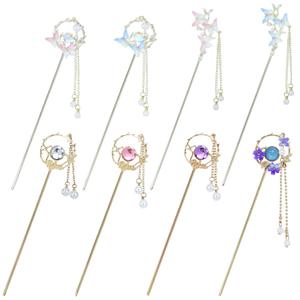 inSowni 8 Pieces Retro Asian Chinese Traditional Hanfu Butterfly Flower Metal Hair Sticks with Pearl Pendants Long Hair Pins Forks Chopsticks Bun Updo Holders for Women Girls
