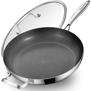 14-Inch Nonstick Hybrid Frying Pan with Lid, Ceramic Coated Tri-Ply Stainless Steel Induction Chef's Pan, Large Skillet, PFOA Free, Oven & Dishwasher Safe for All Stoves, Detachable Handle