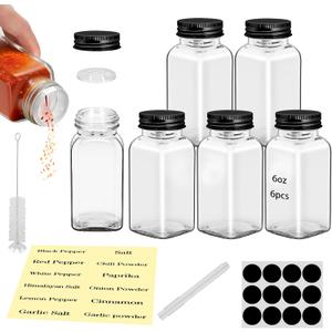 6Pcs 6 oz Square Glass Spice Jars with Label, Empty Spice Containers with Black iron Lids, Square Seasoning Containers and Supplement Set, Small Seasoning Bottles for Salt, Herbs, Sugar, Pepper (6)