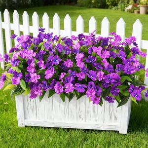 Artificial Impatiens Flowers for Outdoors, 6 Bundles Silk Fake Flowers for Spring Summer Decoration, UV Resistant Faux Plants Plastic Bouquet for Home Planter Porch Patio Yard Decor(Double Purple)