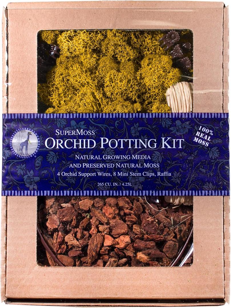 SuperMoss (90441 Orchid Potting Kit, Complete Orchid Care Set with Preserved Moss, Orchid Bark, Floral Clips and Stakes, 120 Cu. in., Reindeer Moss, Mango