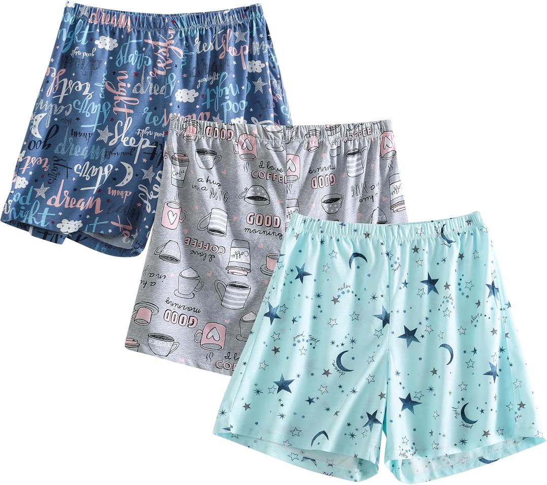 PNAEONG 3 Pack: Womens Pajamas Shorts Set Soft Elastic Waist Lounge Shorts Printed PJ Bottoms (X-Large)