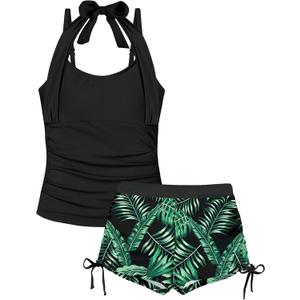 Girls Swimsuit 2 Piece Halterneck Girls Tankini Swimsuit Drawstring Printed Swim Shorts Girl Bathing Suit for 7-16T (9-10 Years, Black+green)
