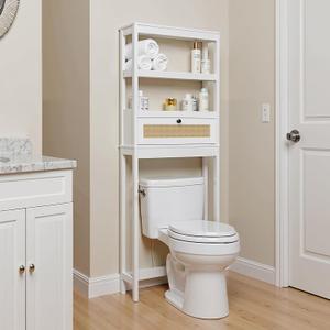 Over The Toilet Storage Cabinet, 3-Tier Bathroom Organizer with Rattan Door, Wooden Space Saver for Restroom, Bathroom, Laundry (White-Black)