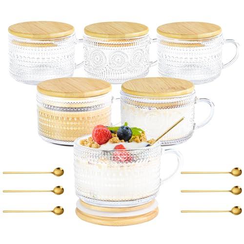 Icesip 14oz Vintage Coffee Mugs Glass of 6 Overnight Oats Glass Mug with Bamboo Lids Spoons Handle for Iced Coffee Latte Cereal Yogurt(Hobnail*3 & Sunflower*3 with Sealing Ring Lid)