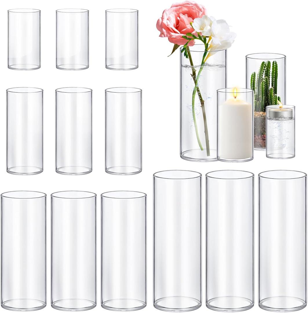 12 Pack Glass Cylinder Vases 4,6,8,10 Inch Tall Clear Flower Vase Hurricane Floating Candle Holder for Table Centerpiece Wedding Home Decor 