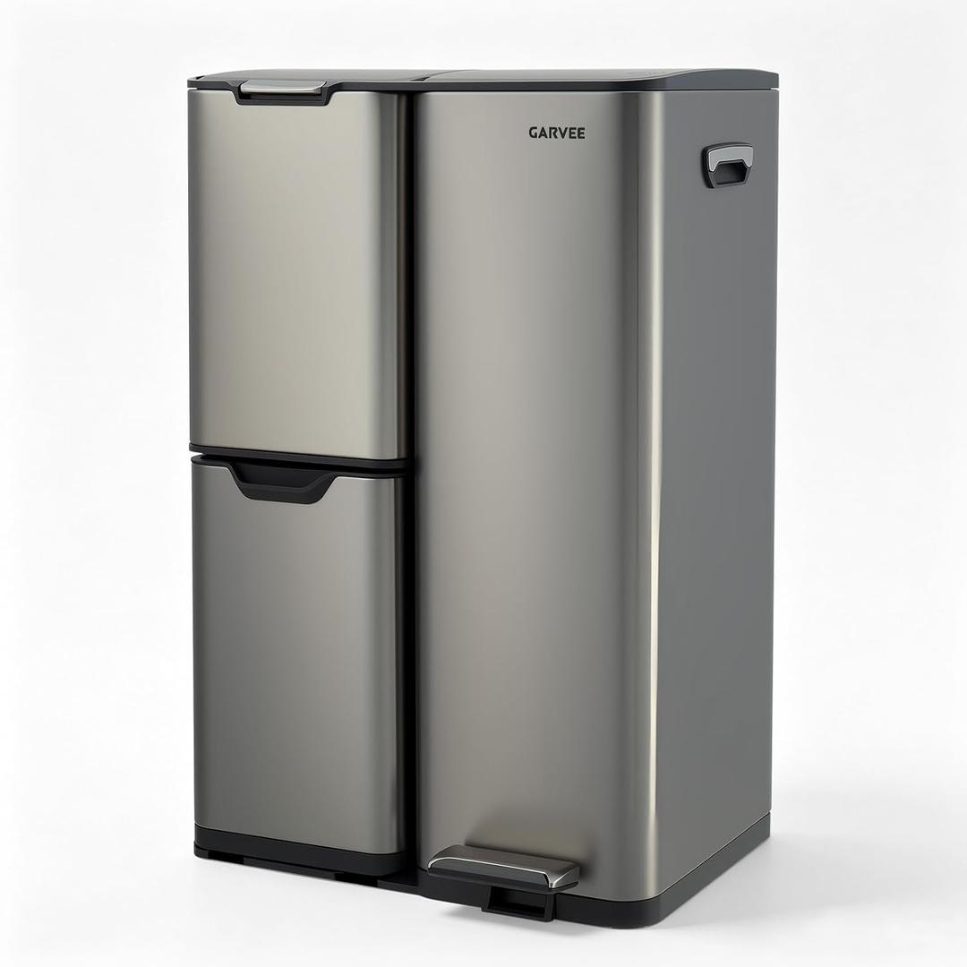 Garvee 3 Compartment Trash Can, 16 Gal Garbage and Recycle Bin Combo | 3 in 1, Triple Bins, Stainless Steel, Soft Close Lid & Foot Pedal, Removable Inner Buckets, for Home Kitchen Office, Gray