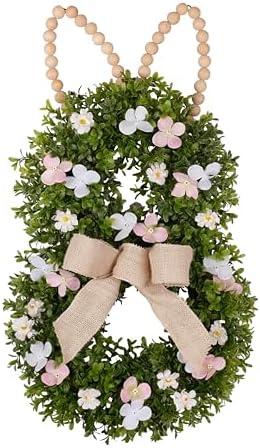 FLOROAD 24" Beaded Easter Bunny Wreath with Bow, Easter Wreath for Front Door - Easter Door Wall Decor - 24" H x 14" W