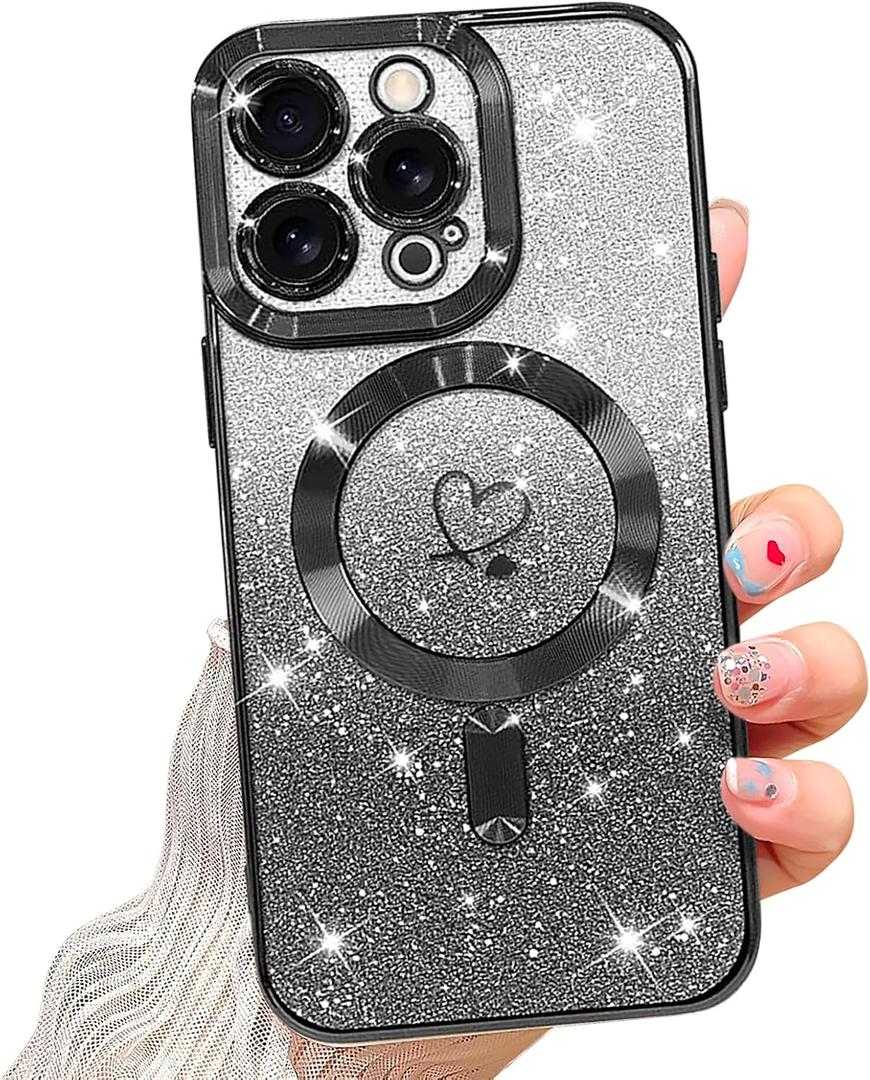 NITITOP Compatible with iPhone 15 Pro Case Cute Clear Glitter [Compatible for MagSafe] Plating Heart Sparkle Bling Magnetic Girl Women Electroplated Frame Camera Protection Back Cover - Black