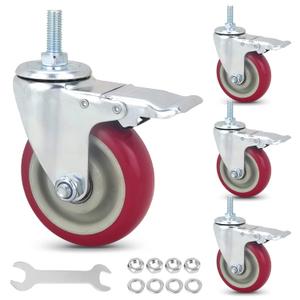 Stem Casters with BrakeHeavy Duty Caster Wheels Set of 4 PU Castors No Noise Swivel Casters M12x30mm with nut +Wrench (4inch)