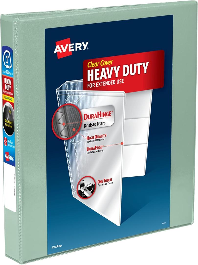 Avery Heavy-Duty View 3 Ring Binder, 1 Inch One Touch Slant Rings, 250-Sheet Capacity, DuraHinge, 1.4 Inch Wide Spine, Customizable Clear Cover and Spine, 1 Pastel Sage Green Binder (79818)
