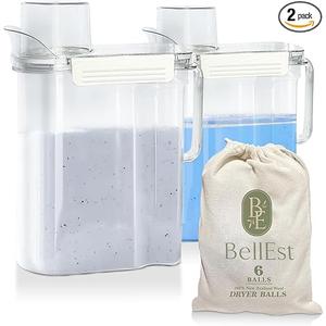 BellEst 2 Pack 101 oz Plastic Detergent Dispenser , Laundry Detergent Dispenser with Handle for Better Grip , Laundry Soap Dispenser with 6 Pieces of Dryer Wool Balls Included.