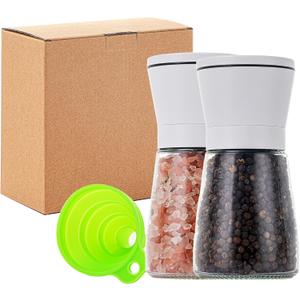 White Salt and Pepper Grinder Set of 2,Manual Refillable Adjustable Ceramic Grinders, Stainless Steel Salt and Pepper Shakers,Short Glass Body W/Funnel