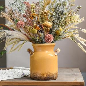 Quoowiit Ceramic Rustic Farmhouse Vase, Distressed Decorative Flower Vase for Home Decor, Ideal Shelf Decor, Yellow Boho Vases for Living Room Bedroom Kitchen Office Centerpiece Table Decorations (6 Inch-yellow)