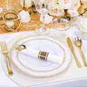 Hioasis 350pcs White and Gold Plastic Plates - Gold Plastic Dinnerware Set Includes 50 Dinner Plates, 50 Dessert Dinnerware, 50 Cups, 50 Rolled Napkin Cutlery Perfect for Wedding & Party