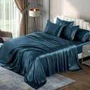 P Pothuiny 6 Pieces Queen Satin Sheets Luxury Silky Navy Blue Satin Bedding Sheet Set, 1 Deep Pocket Fitted Sheet + 1 Flat Sheet + 4 Pillow Cases