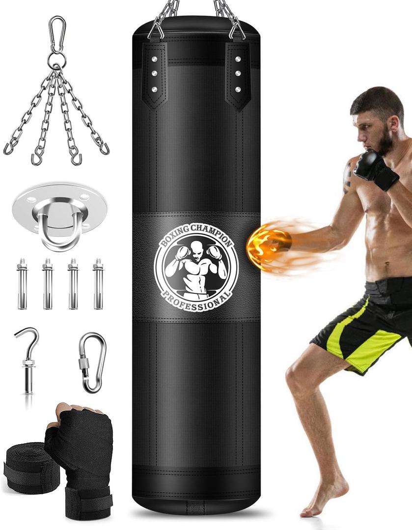 Punching Bag for Adults, 4FT PU Heavy Boxing Bags with Chain Ceiling Hook, Hanging Boxing Bag for Kickboxing Muay Thai Karate Judo Taekwondo Home Gym Training, Unfilled
