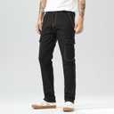 Plaid&Plain Mens Cargo Pants Slim Fit with Contrasting Topstitching and Multi-Pocket (Black)