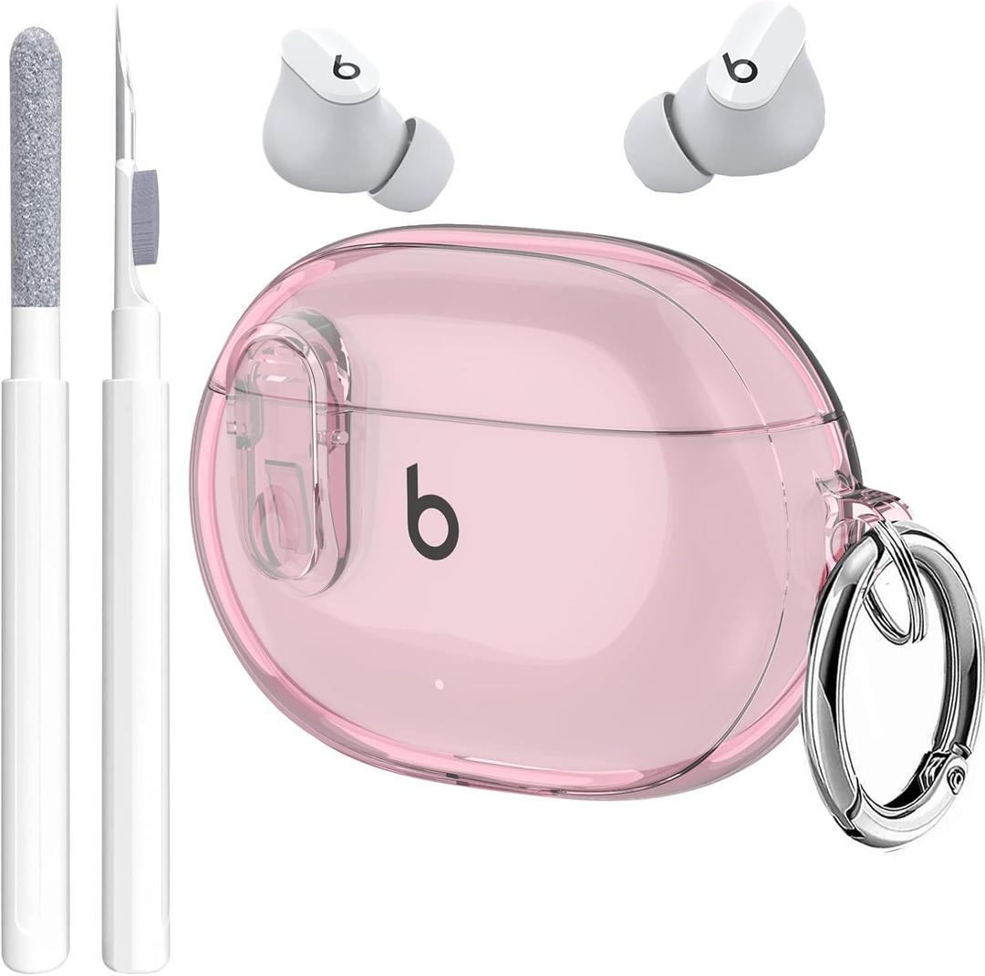 Beats Studio Buds/Studio Bud Plus Case Cover Clear 2021/2023 Lock Clip with Clean Kit, GARTOO Protective Case and Cleaning Pen Compatible with Beat Studio Bud + for Women Girls Kids -Clear Pink