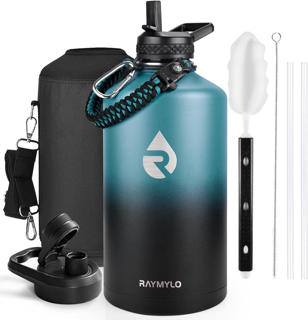 RAYMYLO One Gallon Water Bottle Insulated, Triple Walled Vacuum Stainless Steel (Cold for 48 Hrs), Leak Proof & Non-BPA, Large Water Flask Jug with Paracord Handle & Straw Spout Lids, Indigo/Black, 128 Ounces