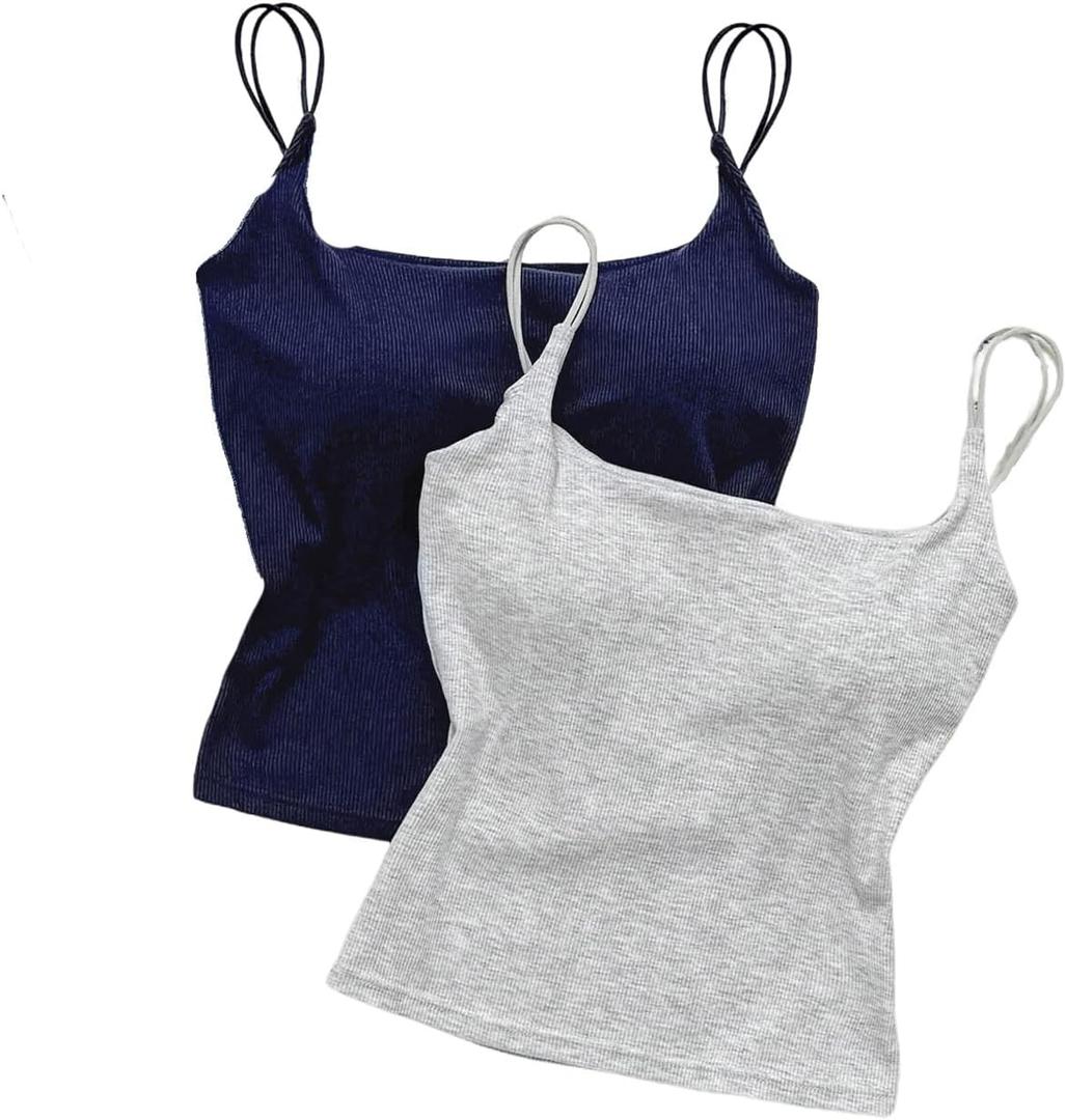 WDIRARA Women's 2 Pack Cami Top Backless Spaghetti Strap Rib Knit Padded Camisole Crop Tops (Large, Blue and White)
