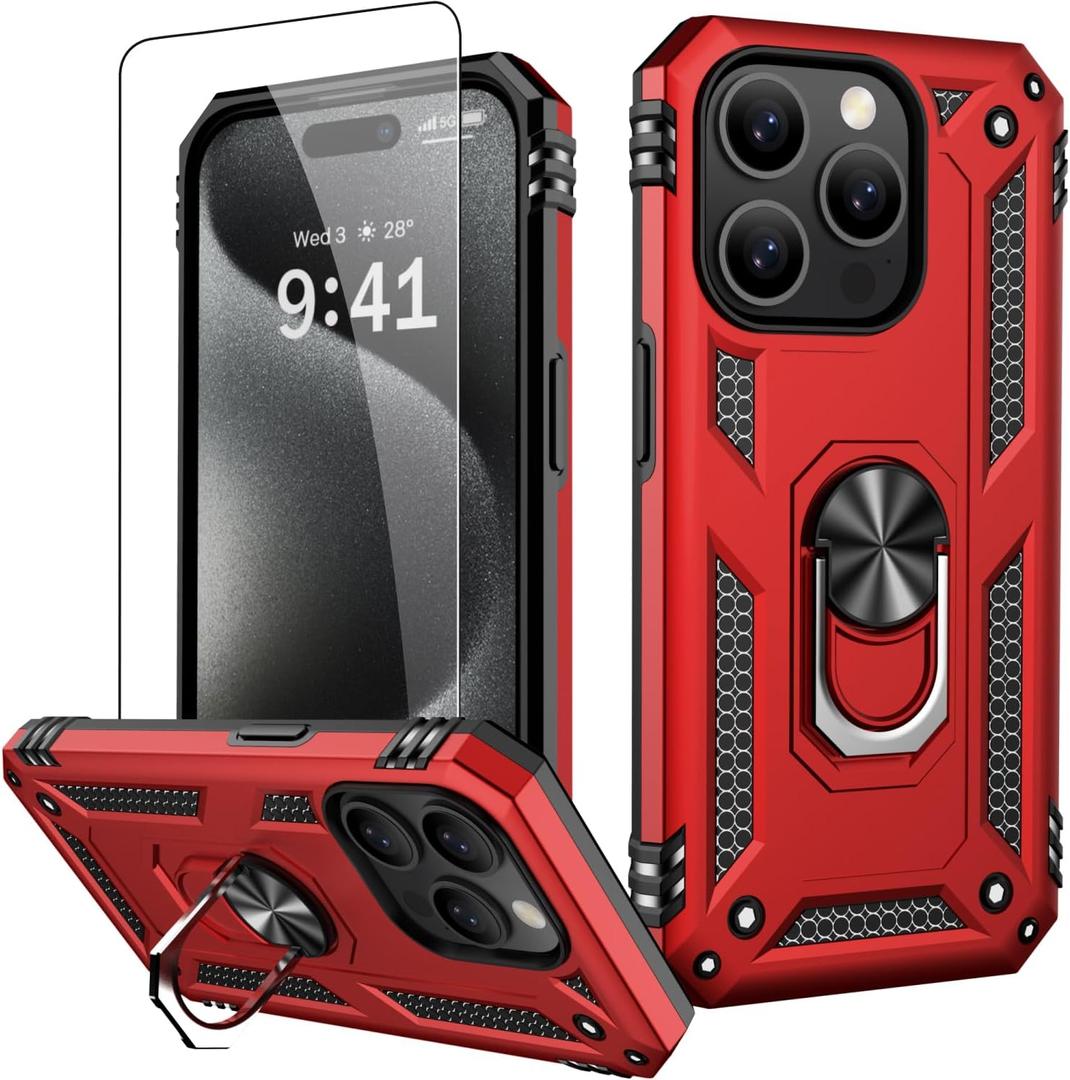 2 x IKAZZ for iPhone 15 Pro Case 6.1 Inch with Screen Protector,Military Grade Shockproof Heavy Duty Protective Phone Cover Pass 16ft Drop Test with Magnetic Kickstand Car Mount Holder,Red