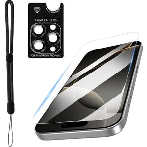 PASNEW 1 Pack Screen Protector for iPhone 16 Pro Max [6.9 inch] +1 Pack Camera Lens Protector + 1 Black Lanyard,Tempered Glass[9H Hardness]-HD