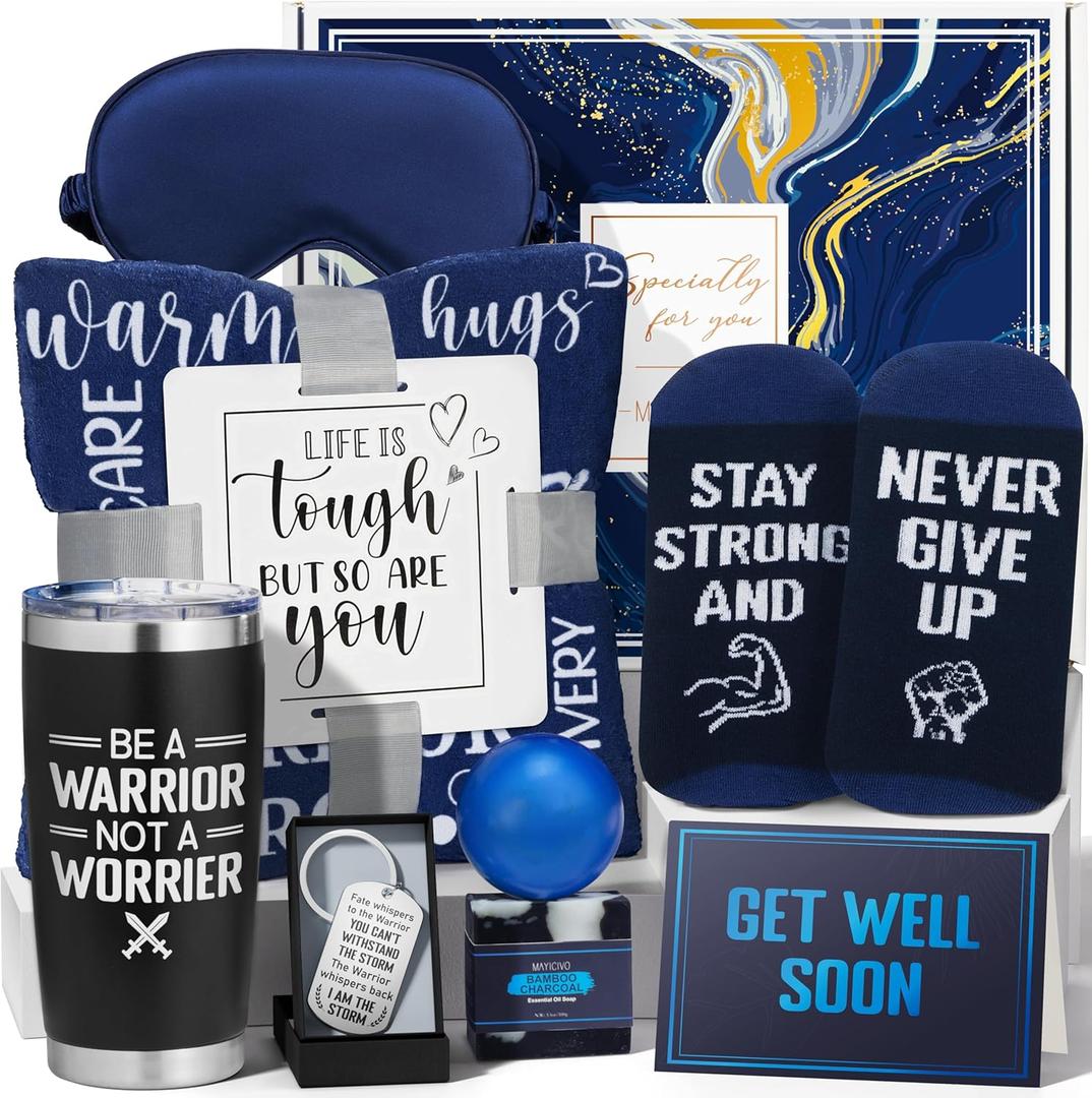 Get Well Soon Gifts for Men, After Surgery Cancer Gifts for Men Chemo Care Package Get Well Gift Basket for Sick Friends, Thinking of You Feel Better Birthday Gifts Box for Men Dad Brother w/Tumbler (Navy Blue)