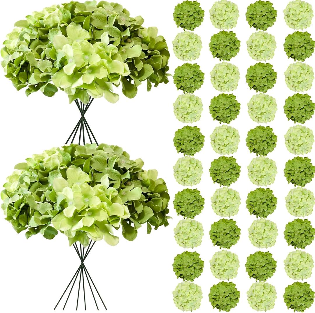 50 Pcs Faux Green Mix Hydrangea Artificial Flowers Bulk, Fake Silk Hydrangea Flowers Heads with Stems for Wedding Decorations Garden Party Baby Shower Porch Home Decor Table Centerpieces