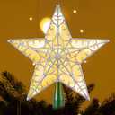 Nuanchu Christmas Star Tree Topper 10.4 x 9.4 Inch Large 3D Glitter Topper Ornament Metal Hollowed with 20 LED Lights Vintage Xmas Reflector Treetop New Year Holiday Indoor Decor(Sliver Green)