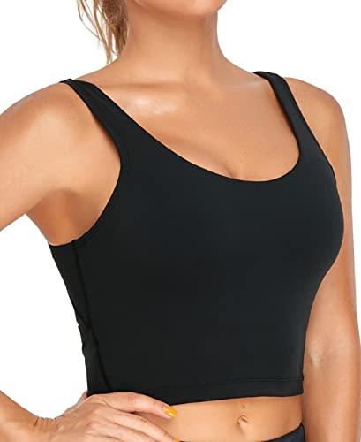 Oalka Sports Bra Womens Longline Padded Crop Tank Yoga Bras Workout Fitness Top Black M